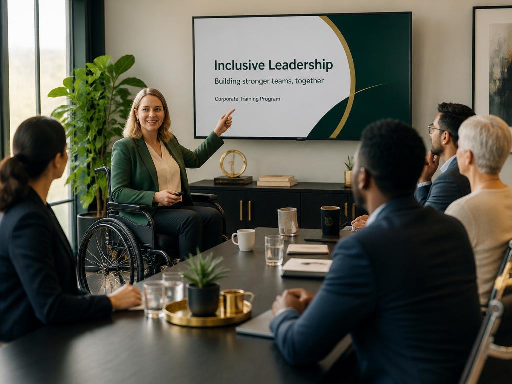 Professional trainer in a wheelchair facilitating a corporate session